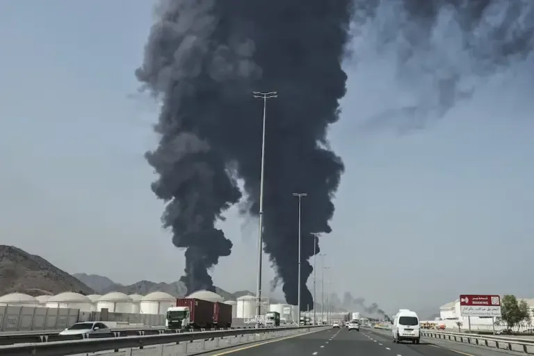 Smoke rises from an energy facility in the emirate of Fujairah, in the Persian Gulf, after an Iranian attack on March 14, 2026. (Photo by AFP).