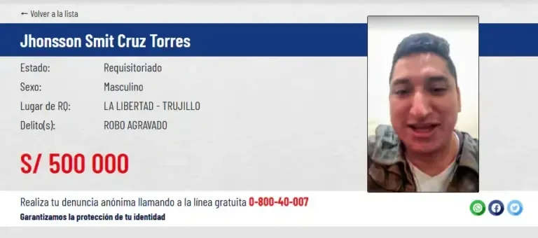 The Police offer 500 thousand soles reward for information leading to the capture of Jhonsson Smit Cruz Torres, identified as the leader of Los Pulpos.
