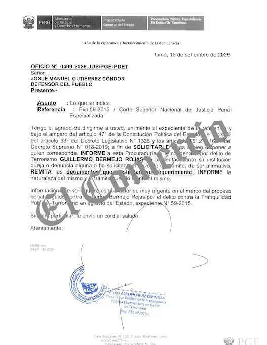 LA PROCURADURÍA ANTITERRORISMO SOLICITÓ AL DEFENSOR DEL PUEBLO, JOSUÉ GUTIÉRREZ, INFORMACIÓN POR EL CASO GUILLERMO BERMEJO