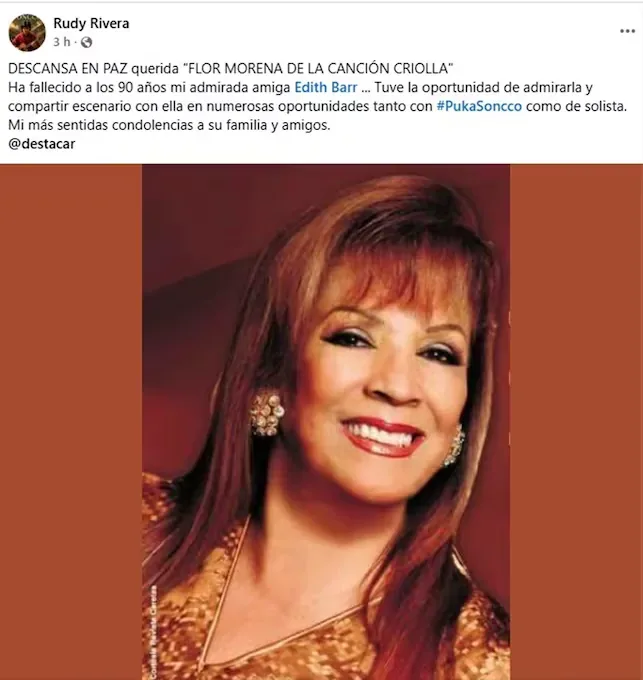 The passing of Edith Barr, at 90 years old, generated heartfelt reactions among colleagues and figures of Peruvian music, who remembered her legacy, friendship, and contribution to national culture. (Photo: Facebook / Rudy Rivera)