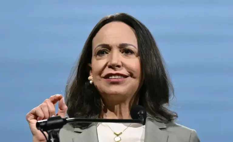 The leader of the Venezuelan opposition, María Corina Machado, speaks during the CERAWeek 2026 energy conference by S&P Global in Houston, Texas, on March 24, 2026. (Photo by RONALDO SCHEMIDT / AFP).