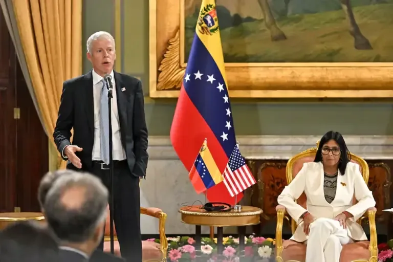 U.S. Secretary of Energy Chris Wright delivers a speech alongside the interim President of Venezuela, Delcy Rodríguez, during the signing of an oil agreement at the Miraflores Presidential Palace on September 2, 2026. (Photo by Juan Barreto / AFP).
