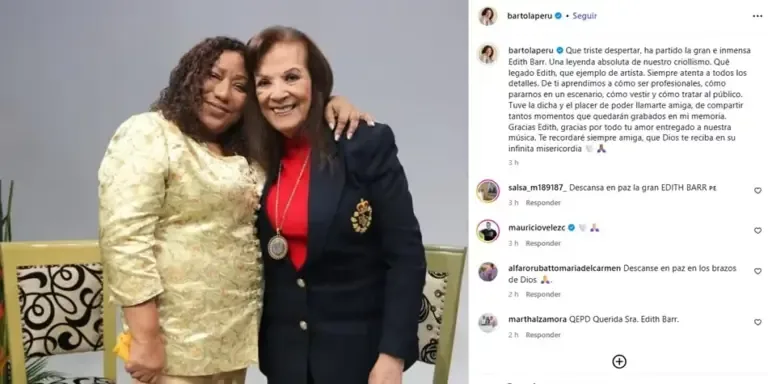The passing of Edith Barr, at 90 years old, generated heartfelt reactions among colleagues and figures of Peruvian music, who remembered her legacy, friendship, and contribution to national culture. (Photo: Instagram / @bartolaperu)