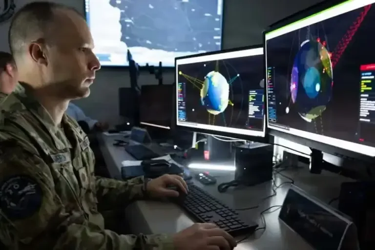 A member of the United States Space Force monitors data from the Combined Space Operations Center (CSpOC), at Vandenberg Space Force Base, California, on May 28, 2026. (Photo by CENTCOM)