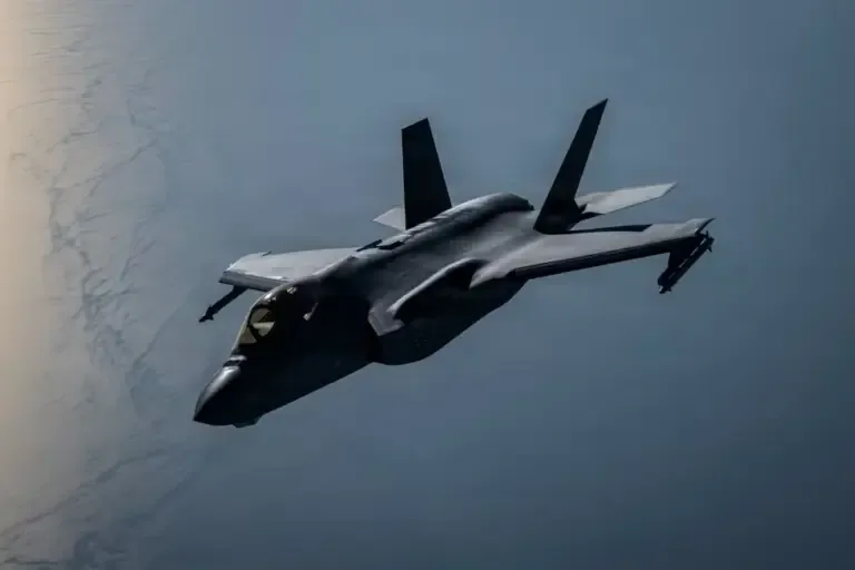 A U.S. Air Force F-35A stealth fighter patrols over Middle Eastern waters during the maritime blockade against Iran. (Centcom).